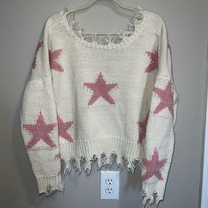 White and pink star sweater with fringe! High neck, low back. Size M
